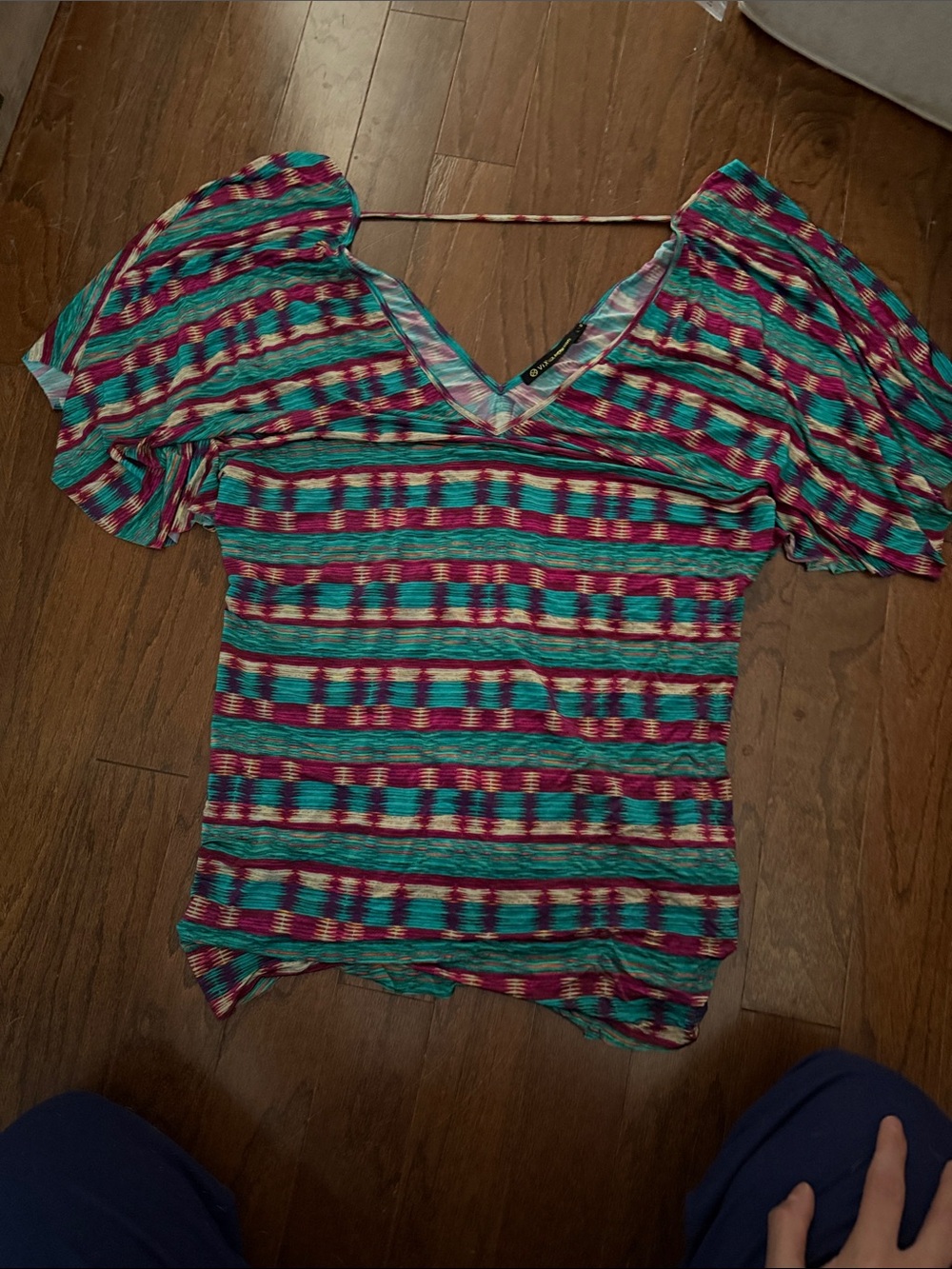 Striped V-Neck Swim Coverup in Teal & Pink